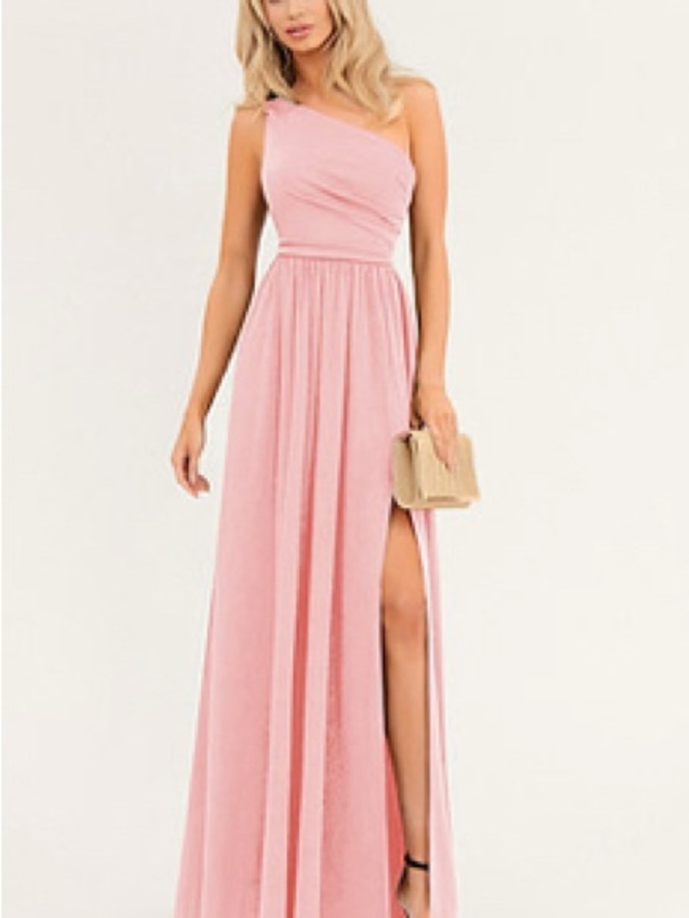 Azazie One-Shoulder Blush Pink Maxi Gown with Side Slit